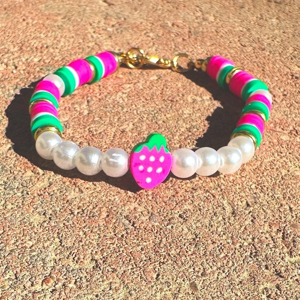 Strawberry Clay Adjustable Bracelet with Faux Pearls and Gold Accents
